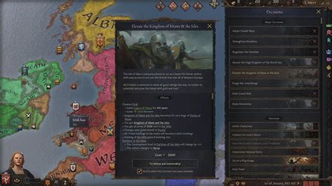 Gain the <b>Kingdom</b> <b>of</b> <b>Mann</b> and the Isles title Duchy of <b>Mann</b> becomes de jure part of <b>Kingdom</b> <b>of</b> <b>Mann</b> and the Isles Realm capital gains 3 building slots <--- Realm capital gains an army of 5000 Levies, 1000 Jomsviking Pirates, 1000 Bondi and 500 Varangian Veterans (inherited on succession). . Ck3 kingdom of mann